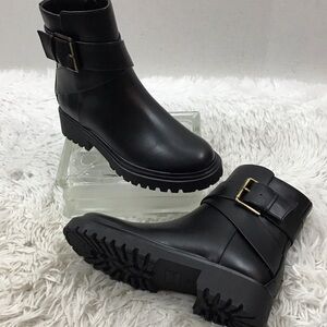 Unisa Black Unjezzo Ankle Boots Gold Buckle lug sole NWOT